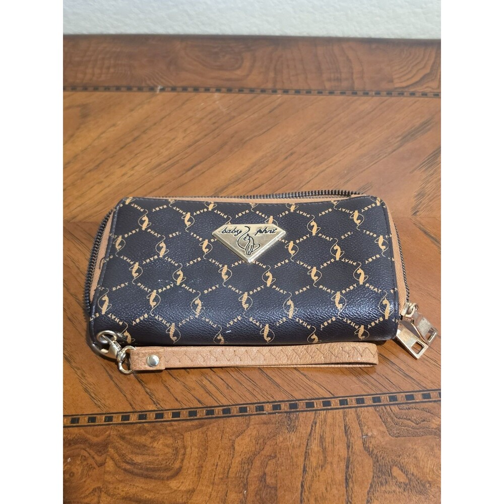 Baby Phat Womens Wallet Wristlet Pockets Double Zipper Bwown Gold Cat LogoDesign